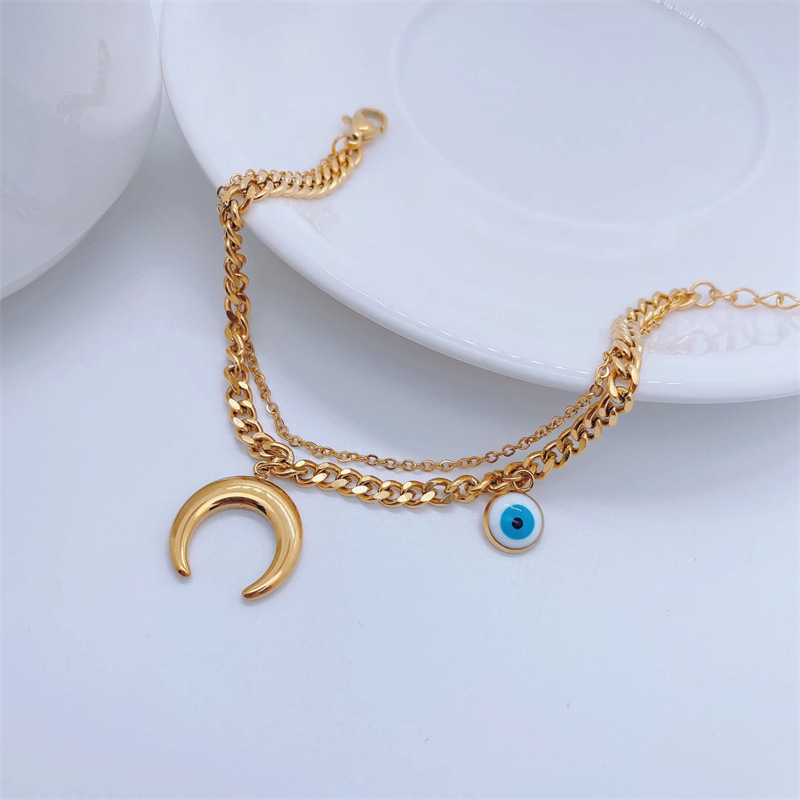 Moda 18k Chapado En Oro Luna Ojo Doble Cadena Titanio Acero Pulsera display picture 1