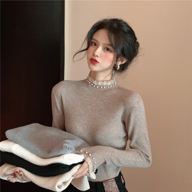 Chanel style half turtleneck undershirt women's winter spring and autumn New Pearl sweater 2023 lace knitted top Chanel style half turtleneck undershirt women's winter spring and autumn New Pearl sweater 2023 lace knitted top