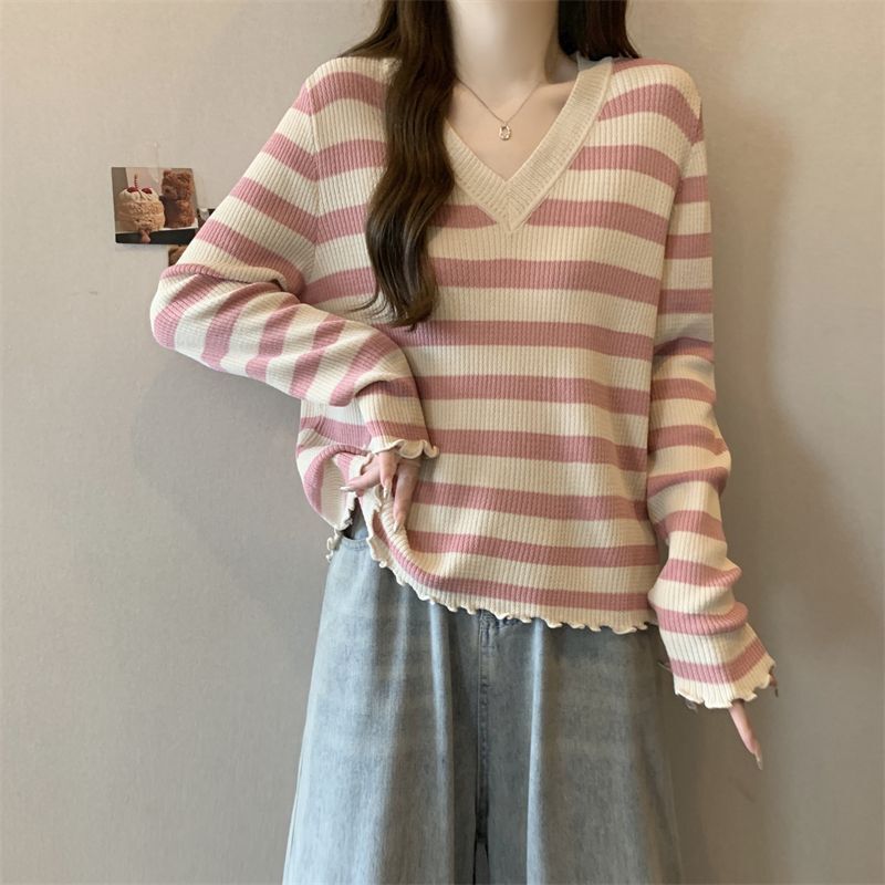 Plus Size Women's Striped Collar Long-Sleeved Tops for Autumn, Fat and Slimming, Belly-Covering Inner Layering Shirts