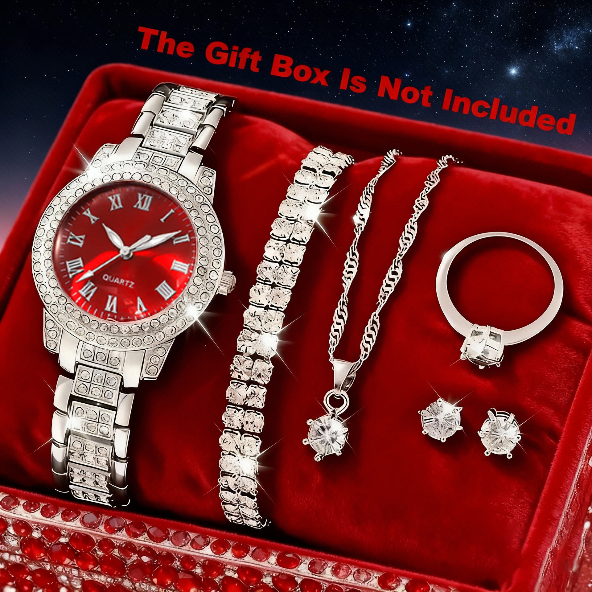 New factory direct sales of full diamond luxury bracelet and watch set, women's quartz watch, exquisite five-piece jewelry set.