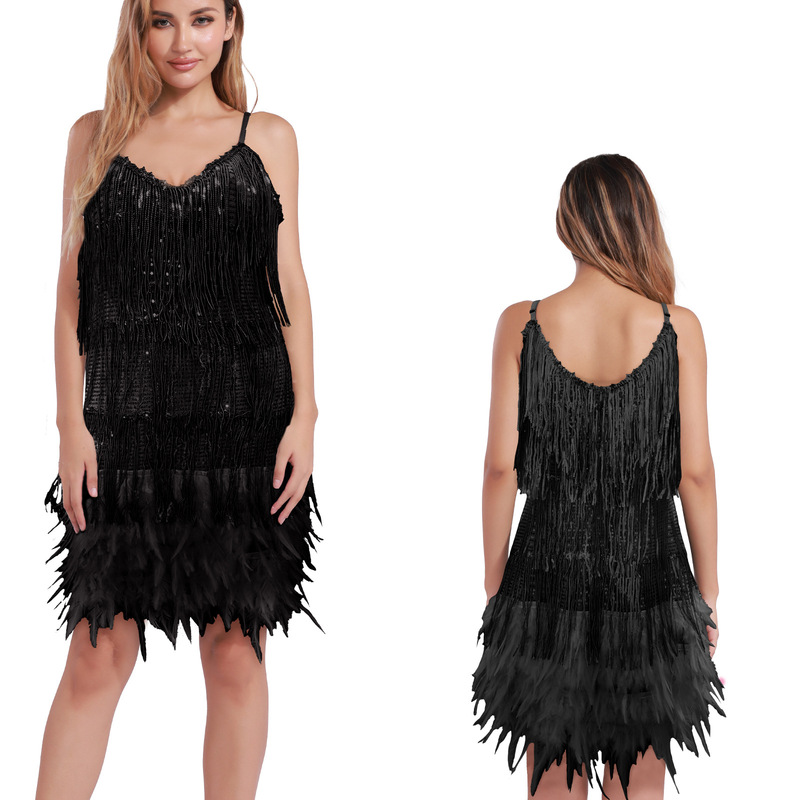 Cross-Border Women's Sequined Cocktail Dress 1920S Gatsby Tassel Short Dress Retro Feather Party Dress