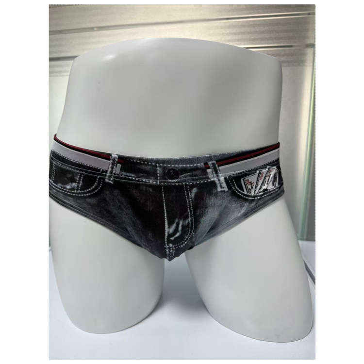 Wholesale Neiyiku Men's Briefs Low-Rise Ice Silk Sexy Shapewear Swim Trunks with Denim Print
