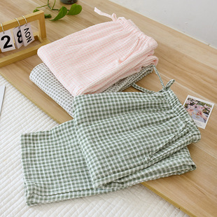 Spring and Summer Women's Cotton Gauze Pajama Crepe Cotton Bubble Small Plaid Home Pants Thin Home Pants