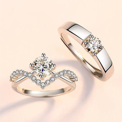Four-claw 1-carat love-crown couple's rings with zirconia, fashionable and minimalist open-style rings, wholesale supply