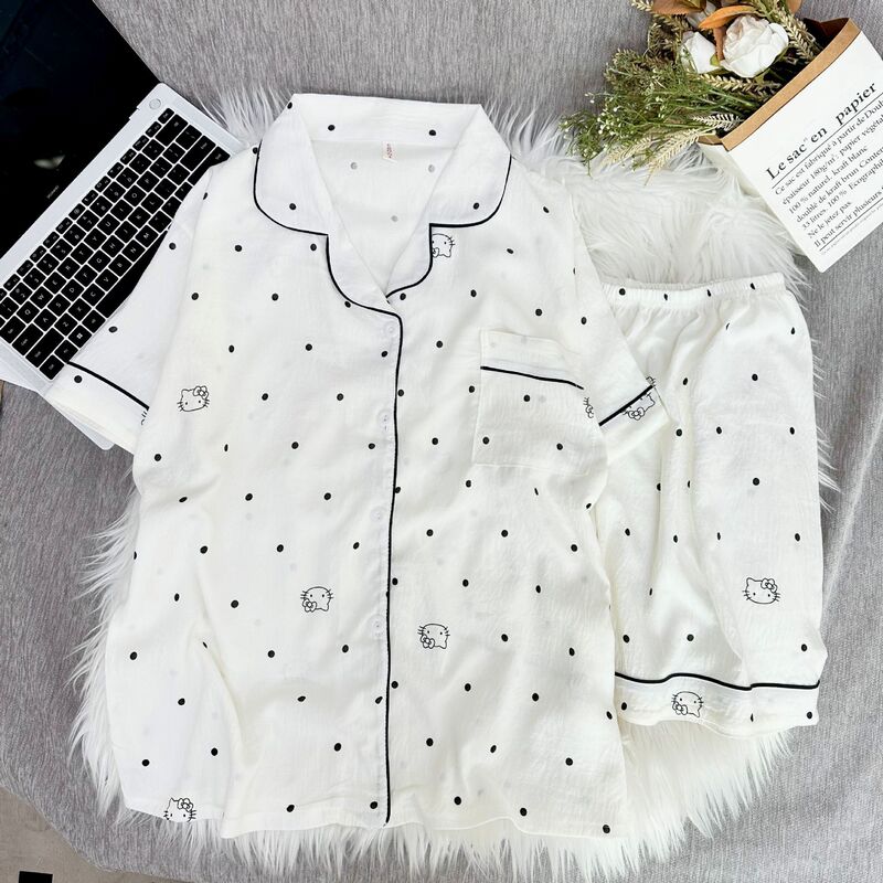 New pajamas women's summer clouds cotton double short girls cute small lapel short sleeve shorts home clothes suit wholesale
