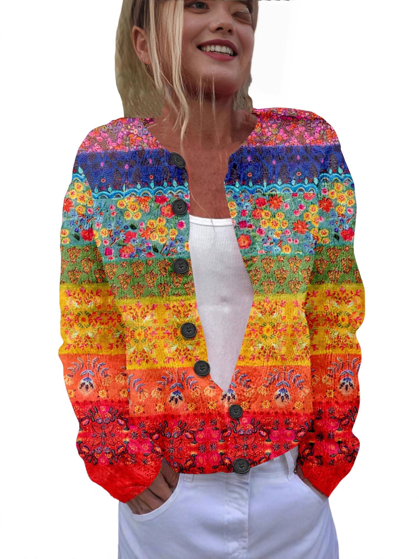 Wq-Yk65-Round Neck Cardigan 3D Printed Sweater