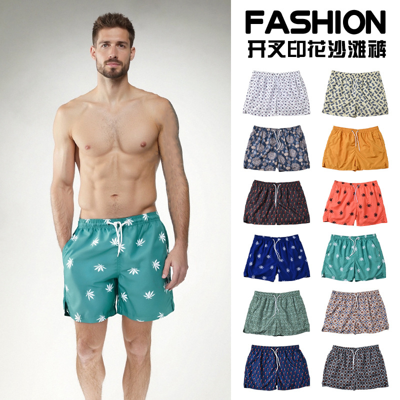 Pantalones cortos con cordones con estampado digital de cuatro puntos para hombres Chunyafang Pantalones de playa de vacaciones junto al mar de moda casual de código europeo