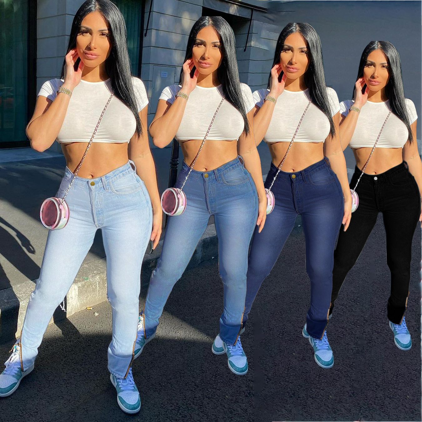 high waist slim-fit slit jeans nihaostyles clothing wholesale NSWL85323