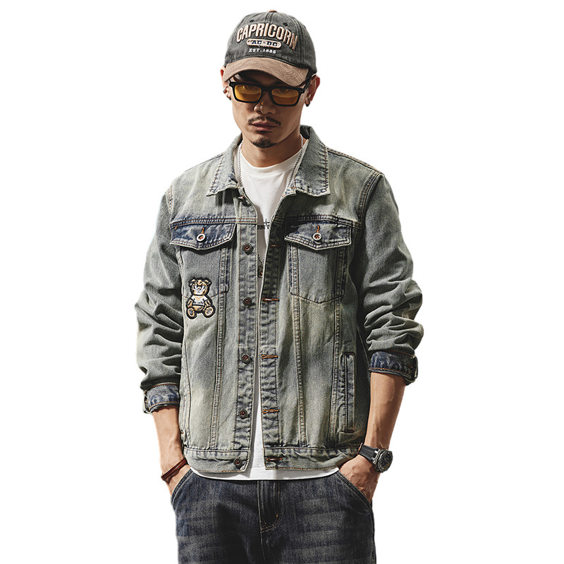 Giacca di jeans da uomo stile biker con ricami di lusso_voghion.com