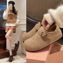 2025冬季新款厚底呢子面加绒乐福鞋女灰色复古皮带扣保暖勃肯棉鞋