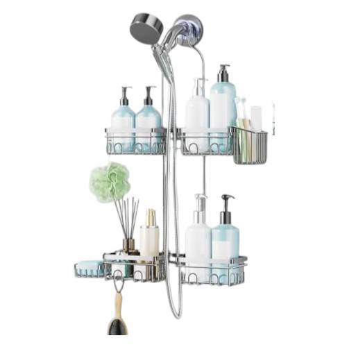 Wall-Mounted Double-Layer Bathroom Shelf, Can Hang Handheld Showerhead, Rust-Proof Design with Soap Dish, Toothbrush Holder, and Hooks