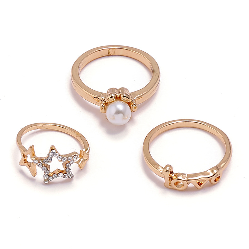 fashion new alloy diamond hollow fivepointed star heart pearl ring 3piece setpicture1