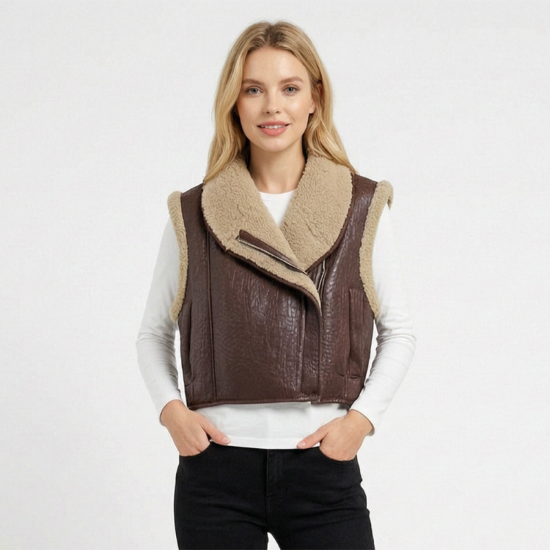 European and American Style Suede Lambswool Biker Vest, New Autumn and Winter Loose Casual Fleece Zip-Up Jacket