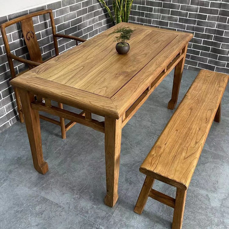 老榆木实木茶桌中式禅意复古长条板餐桌风化原木书桌马蹄桌