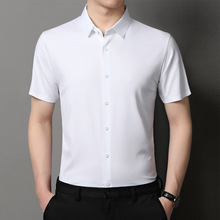 夏季短袖男式衬衫翻领桑蚕丝白色商务休闲现货薄款中青年男士衬衣