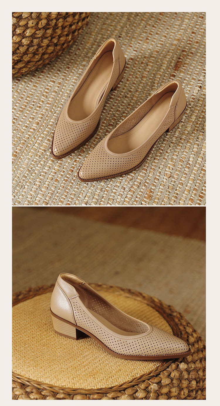 Sandal nữ da bò lỗ lưới miệng nông gót vừa — Màu trắng be chi tiết 14