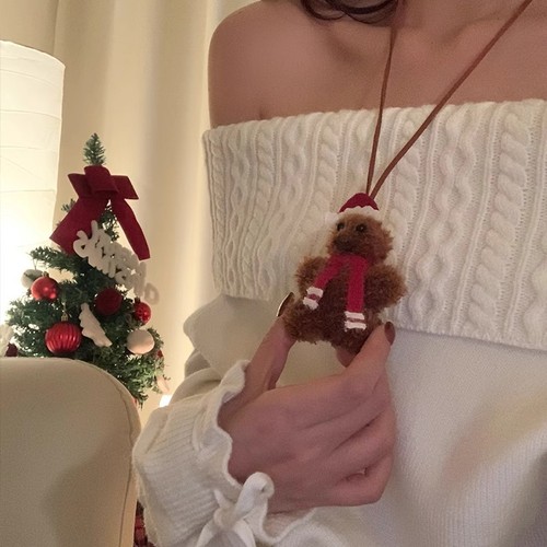 2024 New Christmas Red Hat Cute Bear Necklace Long Accessories Holiday Dress Sweater Atmosphere