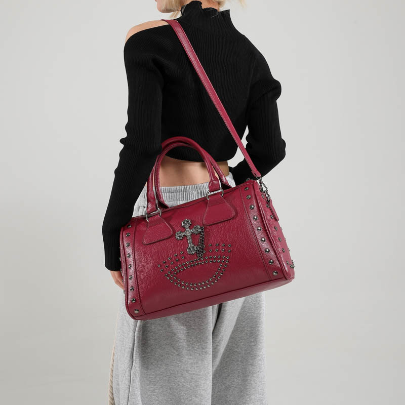 Cross-Border Large Capacity Punk Style Commuter Boston Cylinder Handbag For Women, Niche Retro Studded Shoulder Bag - Thumbnail 2
