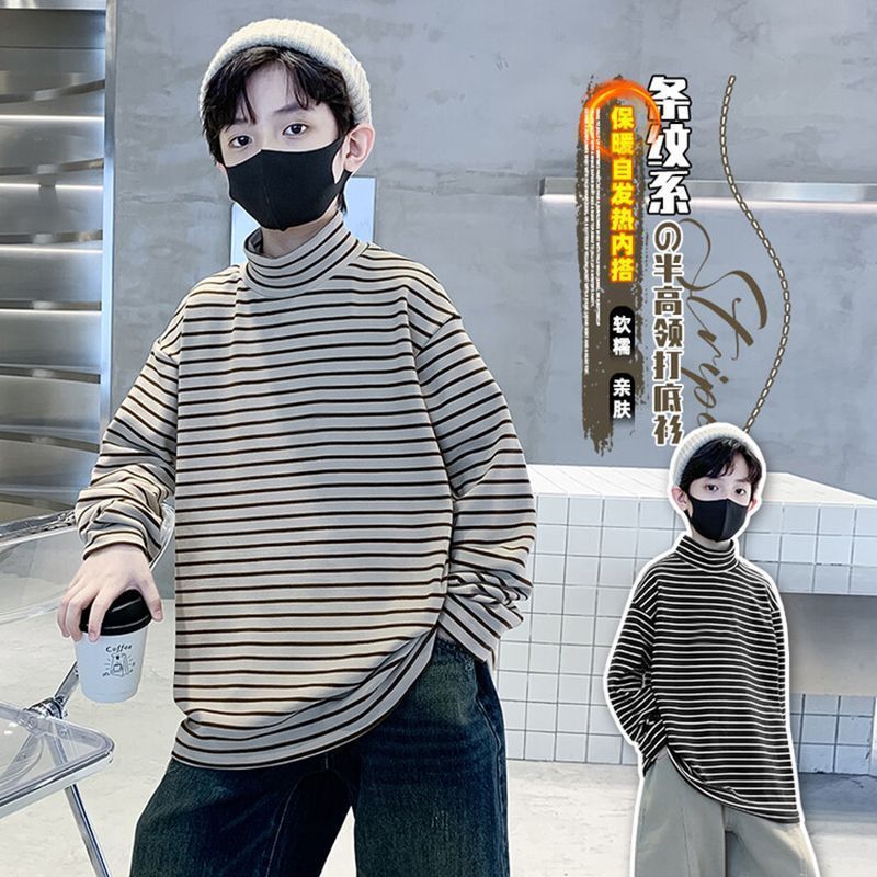 Boys' striped turtleneck sweater, stylish and warm for autumn and winter, perfect for layering in children's clothing for medium and large kids.