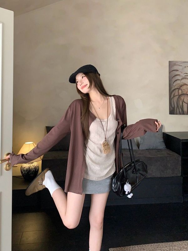 慵懒风套装设薄款长袖衬衫防晒衫女秋季内搭吊带背心松弛感两件套|undefined