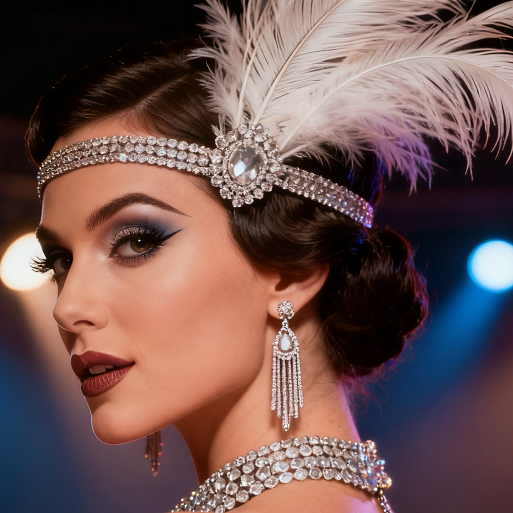 European and American New Feather Headwear, Side Diamond Hair Accessories, Elegant Stage Jewelry, Dancer Head Chain, Female Headwear