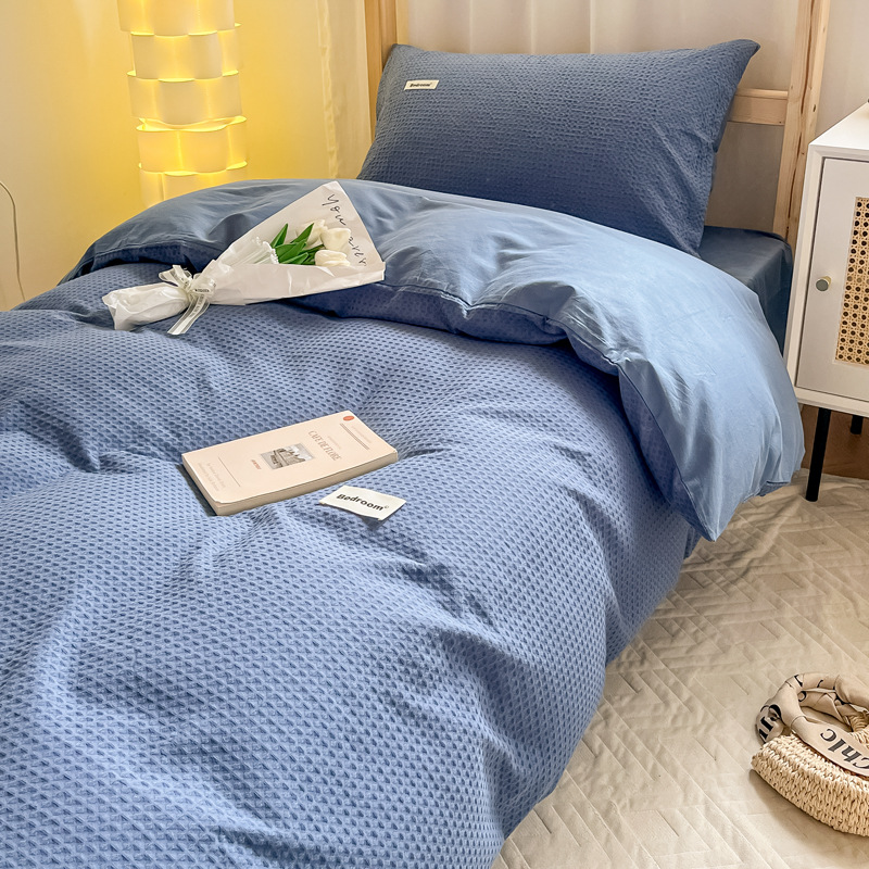Dormitorio de estudiantes Juego de cama de gofres de algodón de algodón de tres piezas, sábanas, fundas de edredón, sábanas, sábanas y colchones