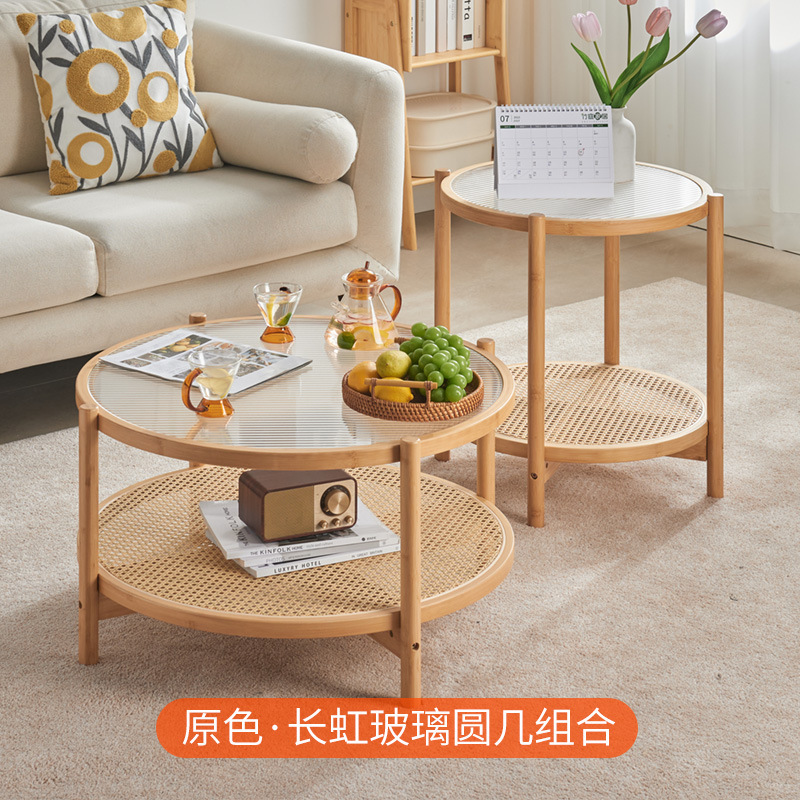 Mesa de centro de vidrio de ratán de madera maciza redonda de estilo japonés, sala de estar, hogar, apartamento pequeño, sofá minimalista moderno, mesa de té pequeña