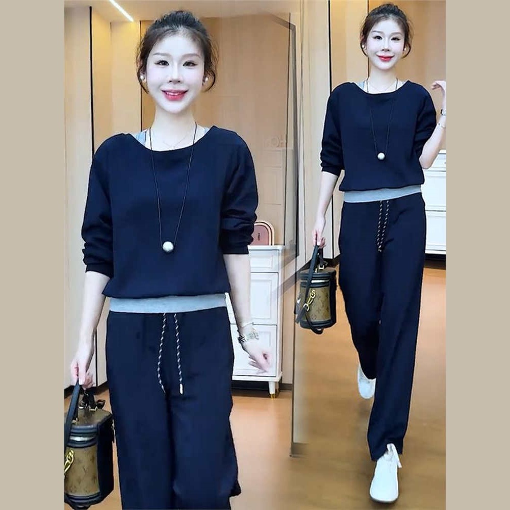 Casual Sports Suit for Women 2025 New Autum Style Slimming Fake Two-Piece Long-Sleeved Sweatshirt Wide-Leg Pants Two-Piece Set
