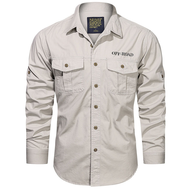 Camisa táctica de manga larga para hombre transfronteriza otoño camisa de ropa de trabajo de color sólido camisa de cuello de soporte militar casual de mediana edad al por mayor