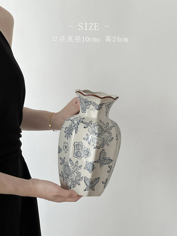 新しい青と白の磁器セラミック花瓶新しい中国風の装飾品リビングルームフラワーアレンジメント玄関装飾古代スタイルシミュレーション牡丹|undefined