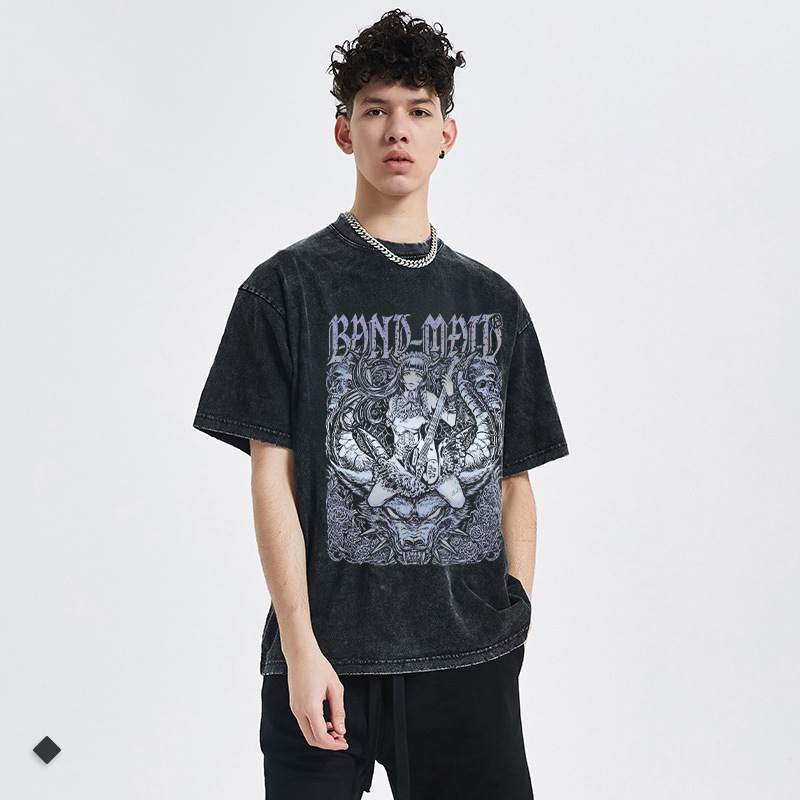 Maid cute heavy metal peripheral distressed washed t-shirt hip hop men's fashion brand loose Street couple short sleeve t-shirt