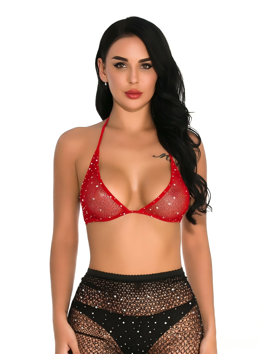 Conjunto de Lencería Body de Malla W48 de Nailon y Spandex con Pedrería para Citas en Pareja