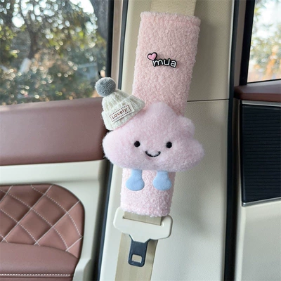 Car Interior Decoration Accessories, Seat belt shoulder pad - pink-plush-shoulder-pads-pink-cloud-white-hat