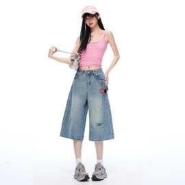 奶油蓝辣妹风高腰破洞薄款七分裤女2026夏季新款休闲宽松百搭中裤