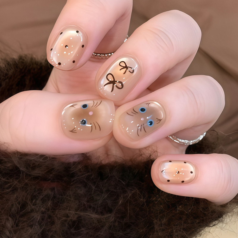 Cat-Eye Wearable Short Nails, Cute Cat Fake Nails, Popular on Xiaohongshu, Removable Nail Art Finished Nail Pieces Wholesale