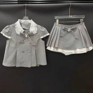 2026年夏季新款千金格纹蝴蝶结短袖上衣百褶短裙套装女
