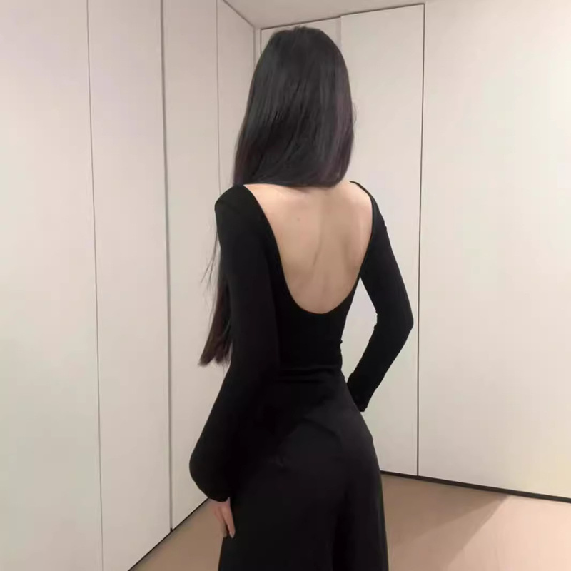 Spice Girls Backless Top Women's Spring Autumn and Winter Black Tight New Long Sleeve Inner Base Shirt with Chest Pad with Anti-slip Strip