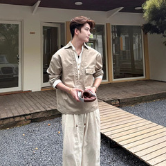 卡其色假两件V领衬衫男日系复古工装休闲衬衣痞帅高级感长袖外套