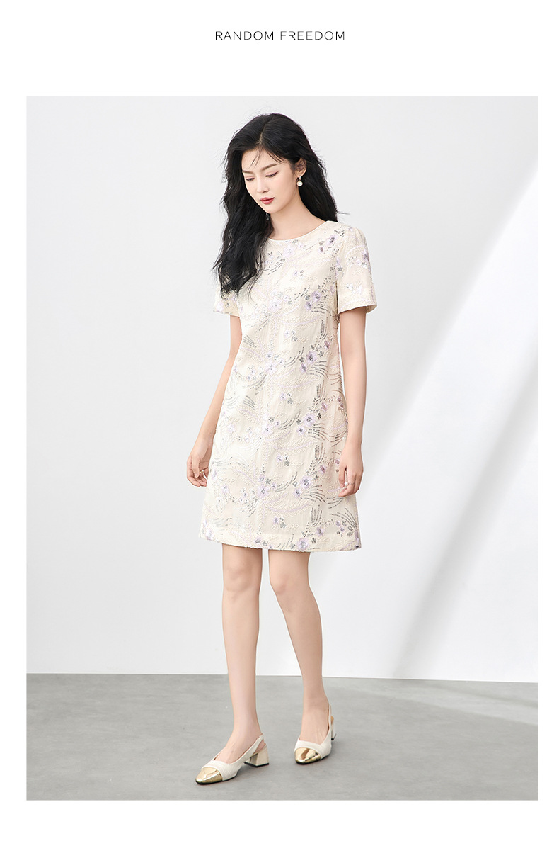 Váy chữ A thêu hoa đính sequin tinh tế, quý phái, dáng suông midi — Màu hồng chi tiết 10