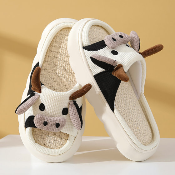 2024 New Four Seasons Universal Indoor Home Cotton and Linen Slippers Cute Cartoon Little Cow Linen Slippers Non-slip