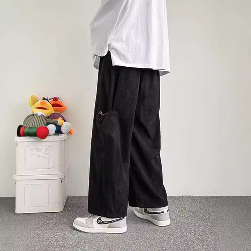 Corduroy wide-leg pants for men, spring and autumn wheat ear pattern loose straight sports casual pants, drooping anti-wrinkle pants for autumn and winter