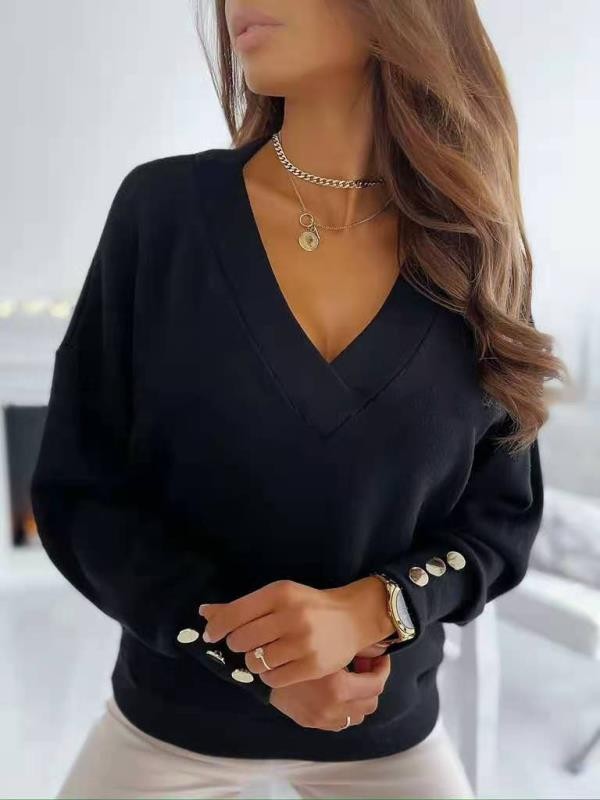 Women's Sweater V Neck Casual Long Sleeve Button Cuff Top_voghion.com