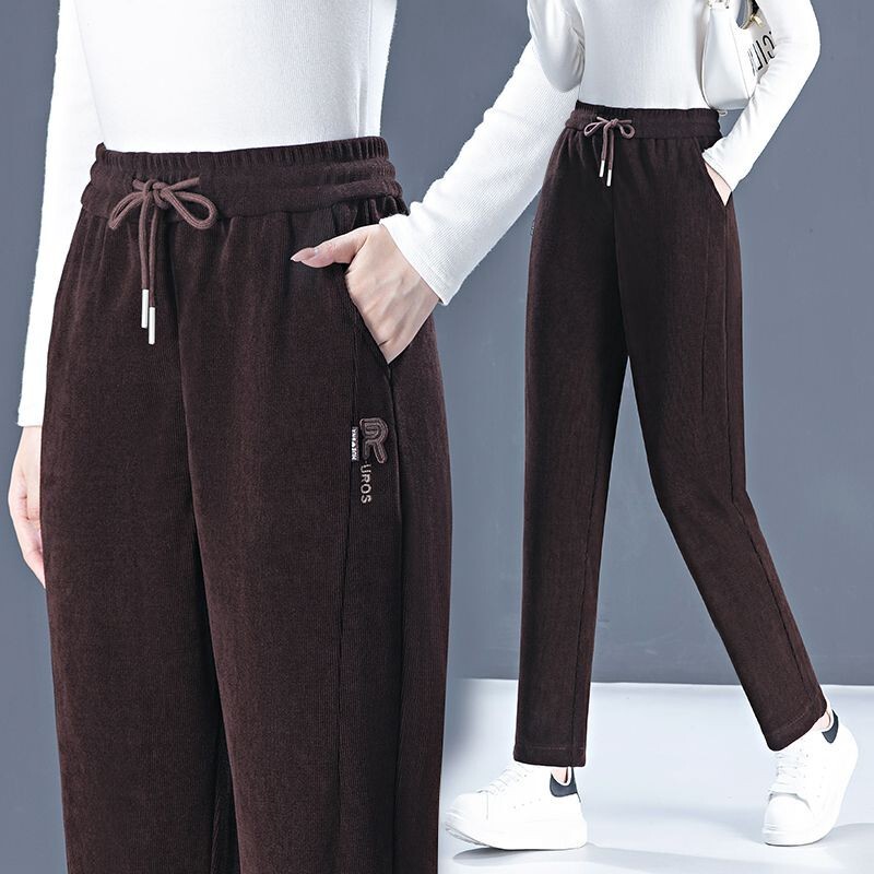 High-end casual pants women's wooden cotton stripe autumn and winter New elastic waist fashion slimming small loose Sports straight pants