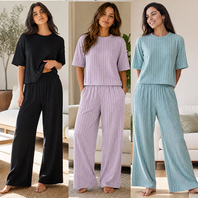 Cross-border 2026 spring and autumn new casual slimming suit for women, European and American plus-size round-neck top and loose long pants two-piece set Cross-border 2026 spring and autumn new casual slimming suit for women, European and American plus-size round-neck top and loose long pants two-piece set