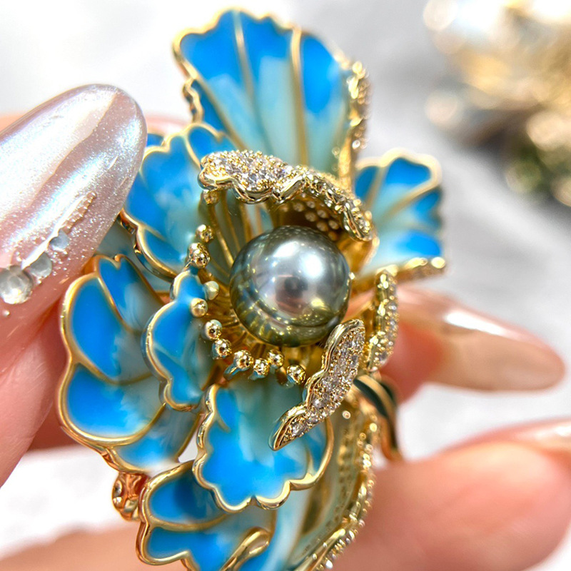 DIY accessories national style peony flower brooch women's high-grade enamel painted classical temperament pin pearl corsage empty holder