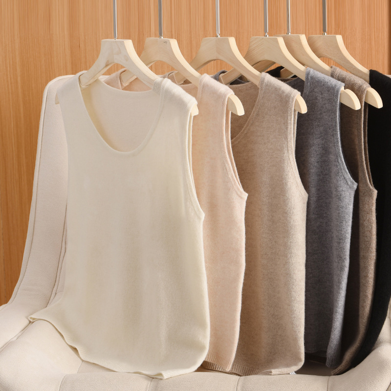 Autumn and Winter 100% Pure Wool Knitted Camisole Women's Thickened Round Neck Simple Slim Sleeveless Base Shirt