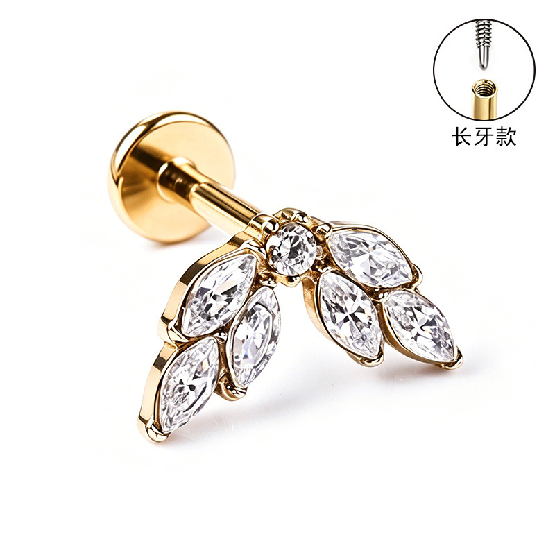 F136 Titanium Alloy Ear Studs – Finely Carved Long Tooth Ear Bone Studs with Zirconia, G23 Titanium Body Piercing Jewelry in Gold detail image 36