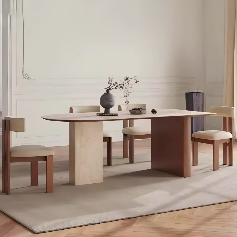 Mesa de comedor de madera sólida medieval de piedra y tabla de roca de diseño retrógrado de estilo francés, mesa de comedor de isla semi-elíptica creativa
