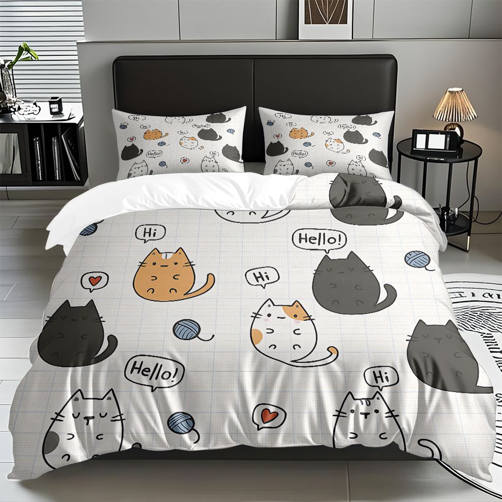 Transfronterizo textil doméstico molido caricatura gatito impresión digital suave permeable colcha colcha set fuente fábrica Temu / JIT
