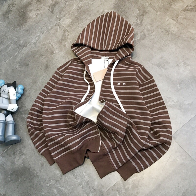 26 Years of New Miu Brand Coffee-Colored Retro-Style Striped Zip-Up Hooded Loose Sweatshirt Cardigan Unisex Wholesale